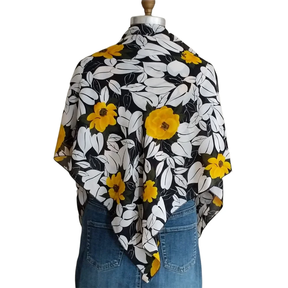 Black, White and Yellow Floral Print Scarf or Wrap